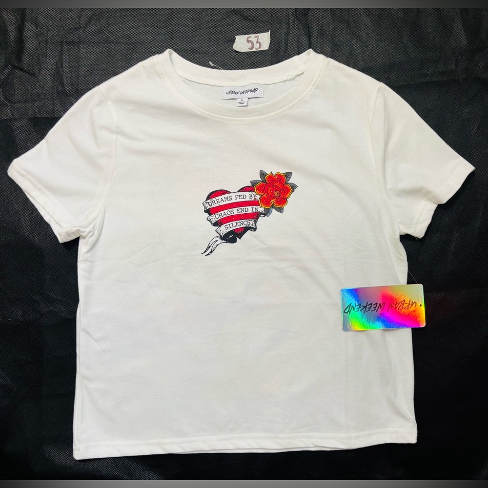 White Womens Graphic Tee with Heart & Flower Size Small
